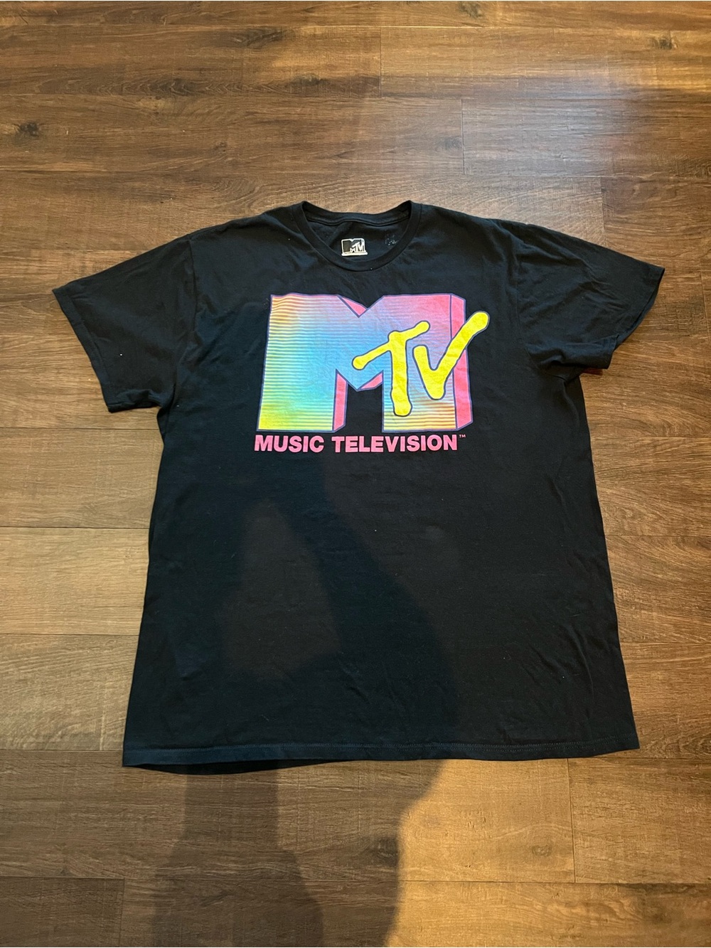 MTV Black Tee with Multicolor Gradient Logo